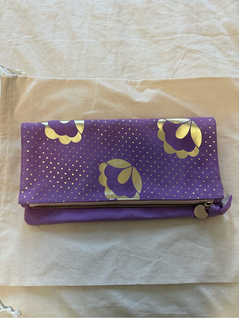 Clare V - Suede Purple Floral Foldover Clutch with Gold Accents